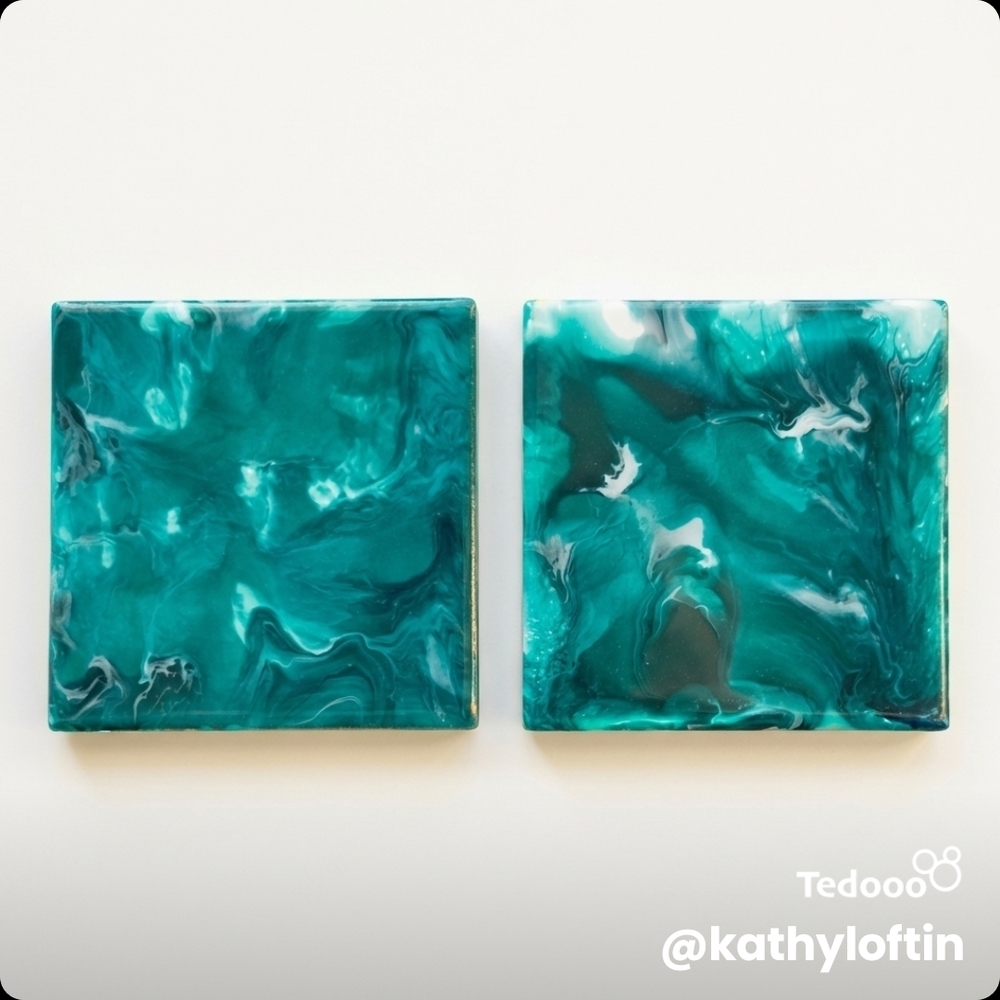Hand Painted Teal And White Marbled Ceramic Coasters